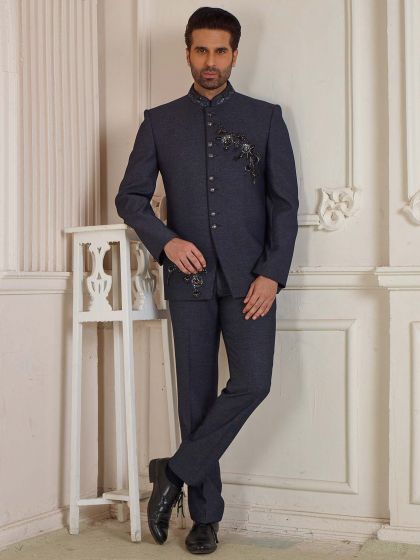 Blue Colour Imported Fabric Mens Jodhpuri Suit.