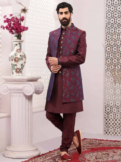 Wine Colour Jacquard,Brocade Silk Fabric Mens Indowestern.