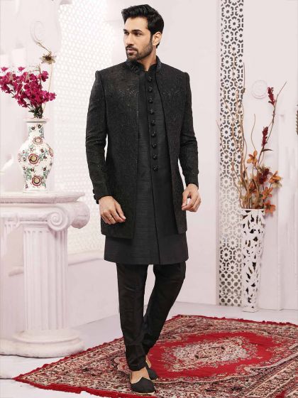 Black Colour Banarasi Silk Fabric Mens Indowestern.