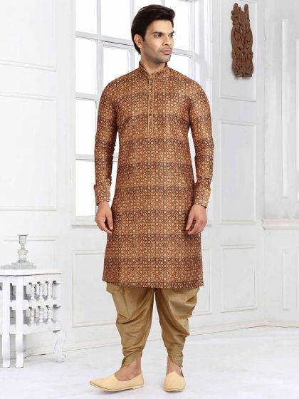 Banarasi Silk Fabric Mens Kurta Pajama Rust Colour.