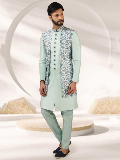 Pista Green Colour Banarasi Silk Fabric Mens Indowestern.