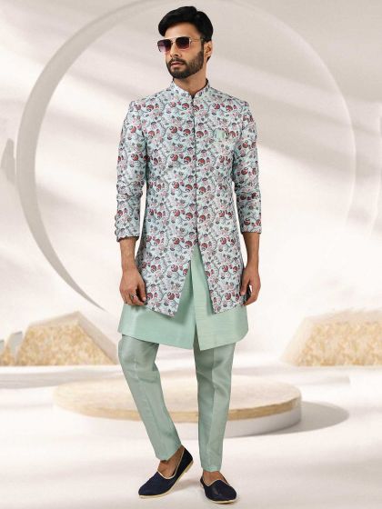 Pista Green Colour Banarasi Silk Fabric Designer Indowestern.