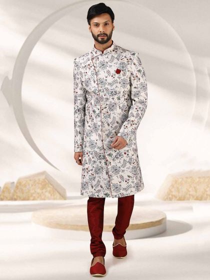 Off White Colour Banarasi Silk Fabric Mens Designer Sherwani.