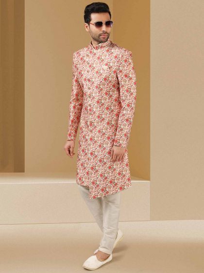 Cream,Orange Colour Banarasi Silk Fabric Mens Sherwani.