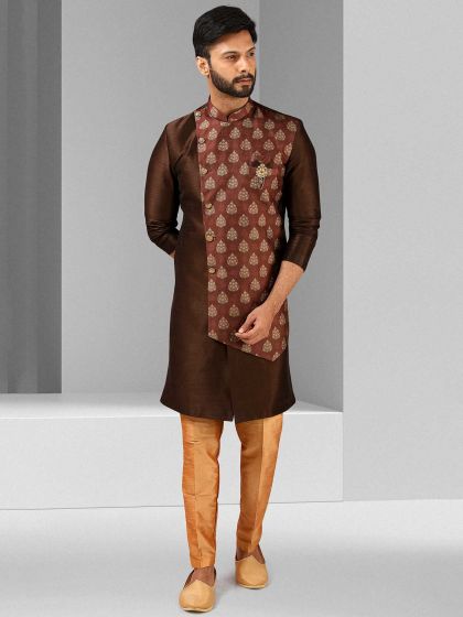 Brown Colour Art Silk Fabric Indian Designer Indowestern.