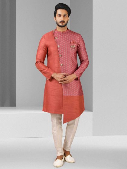 Pink,Red Colour Art Silk Fabric Mens Wedding Indowestern.