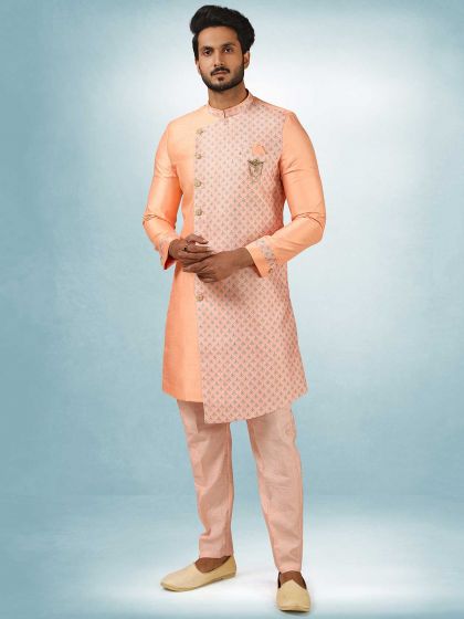 Peach,Pink Colour Art Silk Fabric Mens Indowestern.