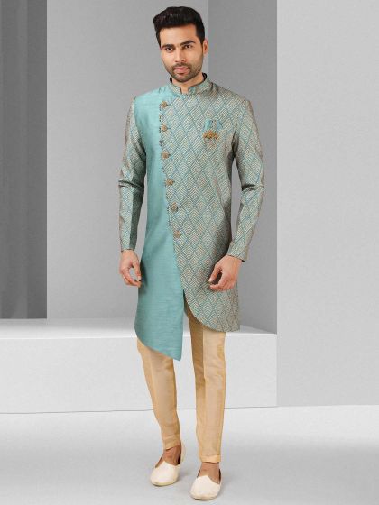 Green Colour Art Silk Fabric Mens Indowestern.