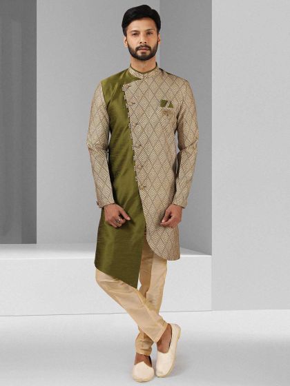 Green Colour Indian Designer Mens Indowestern in Art Silk Fabric.