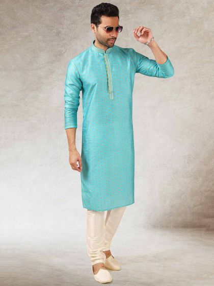 Turquoise Colour Art Silk Fabric Mens Kurta Pajama.