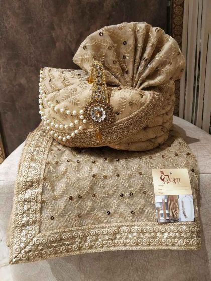 Golden Colour Silk,Net Fabric  Men's Wedding Turban.