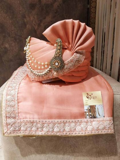Peach Colour Silk Fabric Wedding Turban.