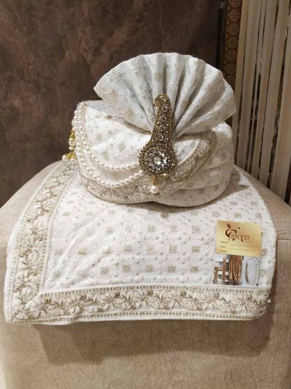 Off White Colour Silk Fabric Men's Wedding Turban.