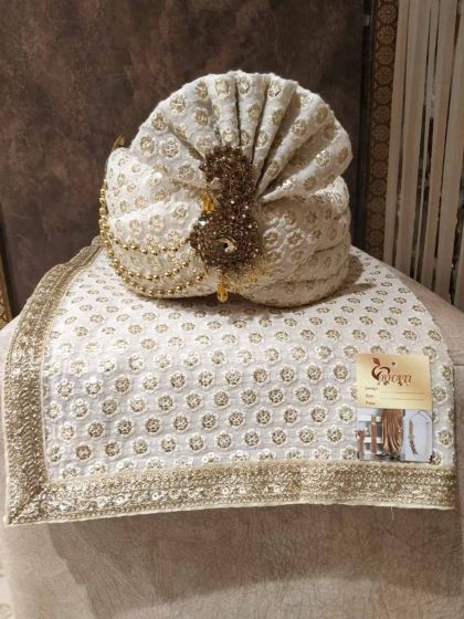 Off White Colour Silk Fabric Men's Groom Turban.