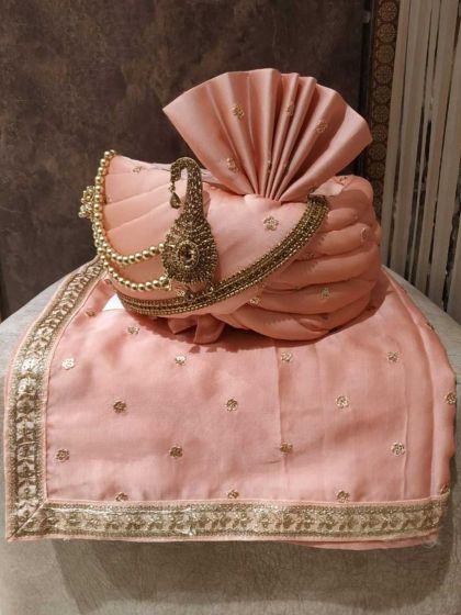 Peach Colour Indian Wedding Turban Silk Fabric.