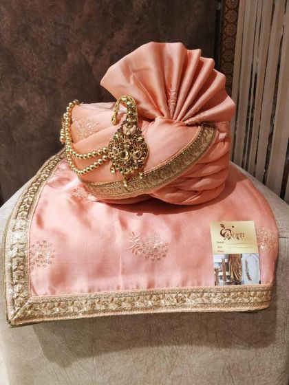 Peach Colour Silk Fabric Groom Wedding Turban.