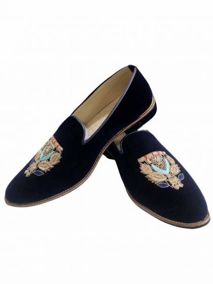 Blue Colour Velvet Fabric Mens Groom Shoes.