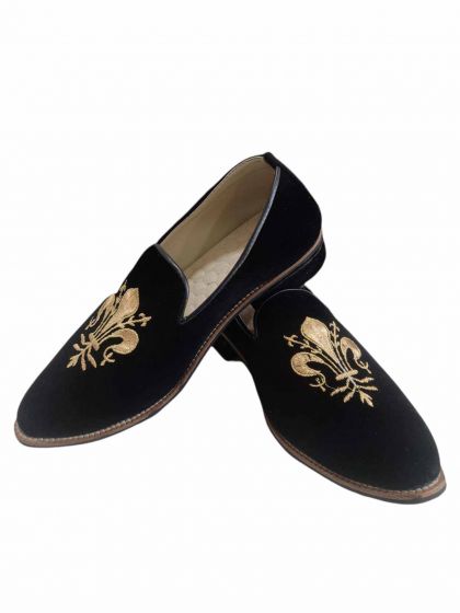 Black Colour Velvet Fabric Mens Wedding Shoes.