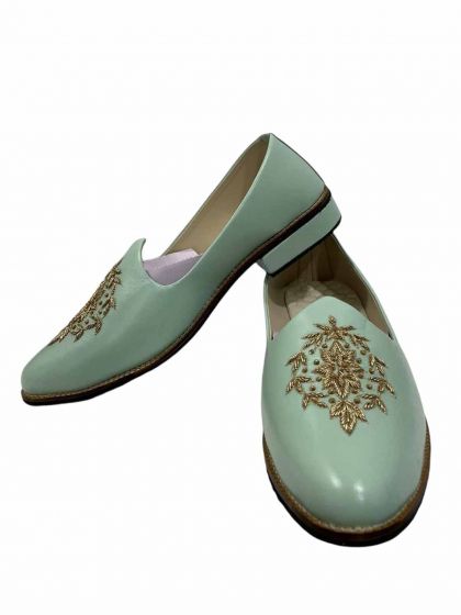 Green Colour Mens Wedding Shoes in Leather Fabric.