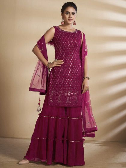 Red Colour Georgette Fabric Sharara Salwar Suit.