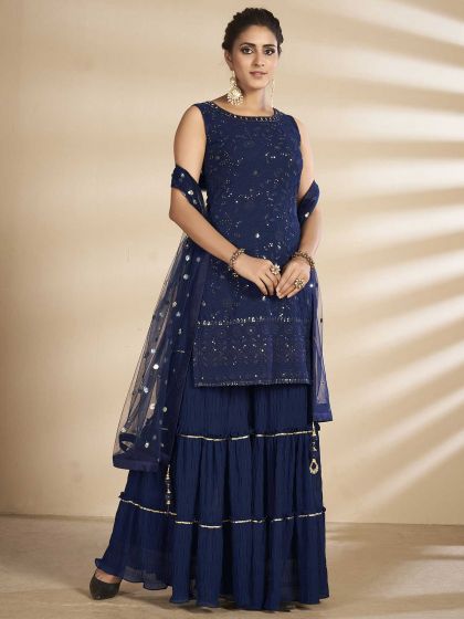 Navy Blue Colour Designer Sharara Salwar Kameez.