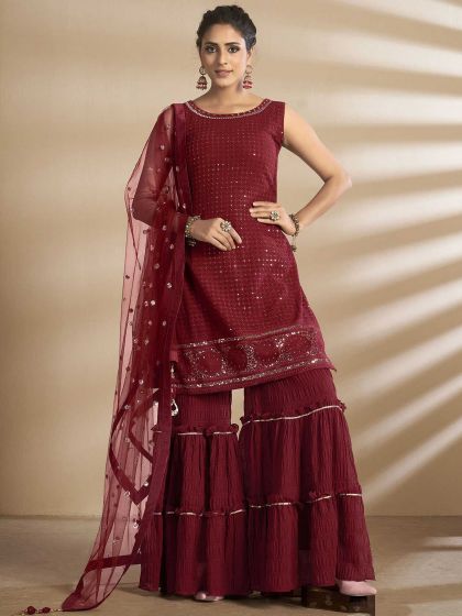 Red Colour Designer Sharara Salwar Kameez.