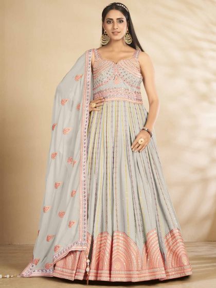 Sky Blue Colour Georgette Fabric Readymade Gown.