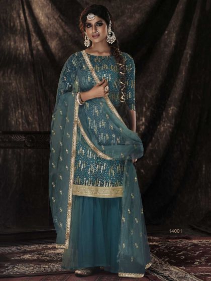 Dark Firozi Colour Net Fabric Designer Sharara Salwar Suit.
