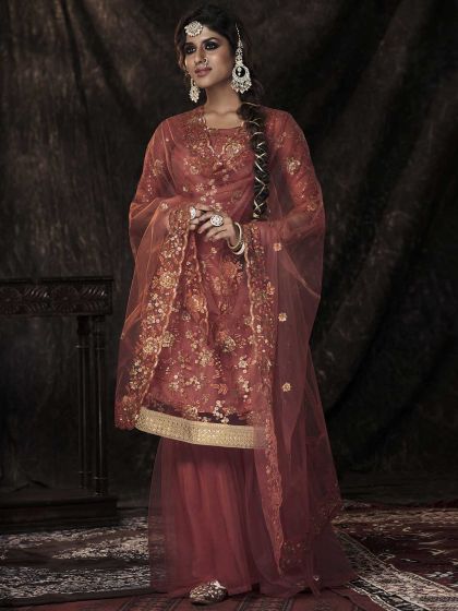 Pakistani Salwar Kameez - Rust Sharara Salwar Kameez USA