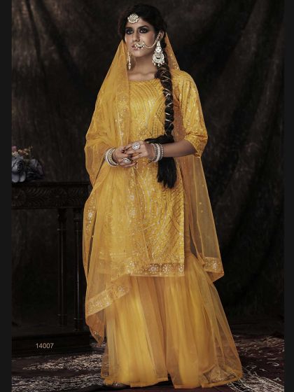 Mustard Yellow Colour Designer Salwar Kameez in Net Fabric.