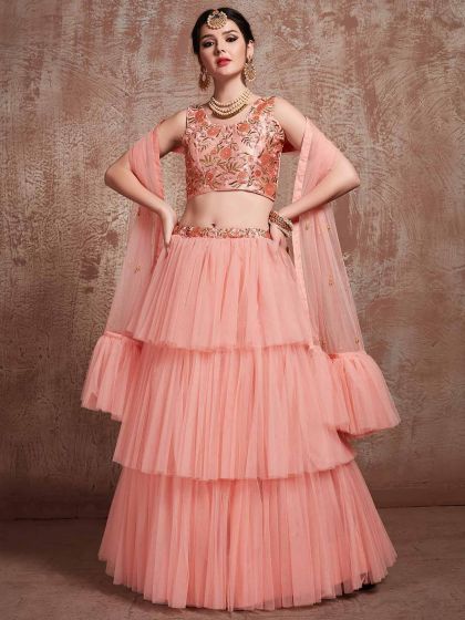 Peach Colour Net Wedding Lehenga Choli.