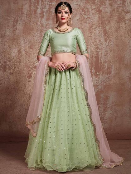 Pista Green Colour Net Fabric Lehenga Choli.