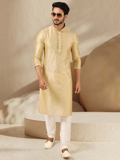 Golden Colour Wedding Kurta Pajama in Banarasi Silk Fabric.