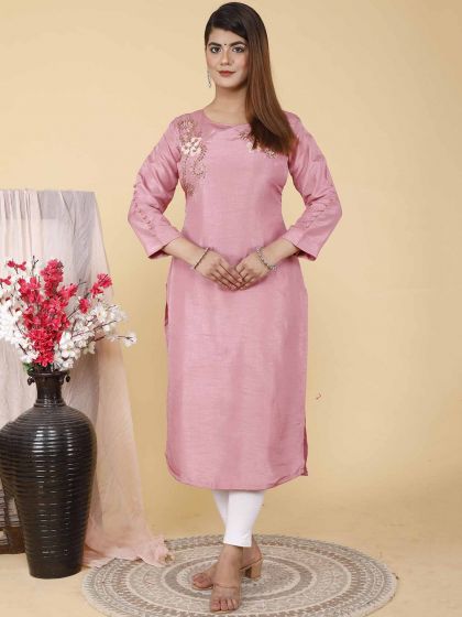 Pink Colour Silk Fabric Readymade Kurti.