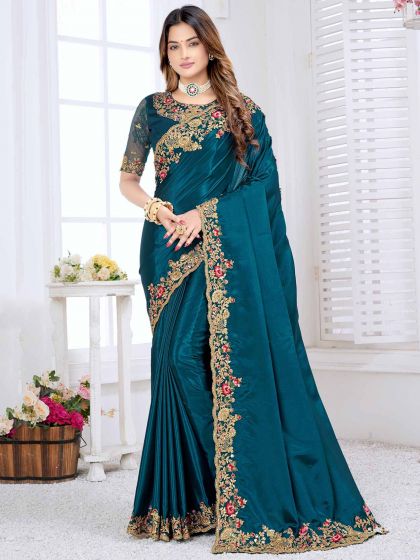Rama Green Colour Silk Designer Saree.