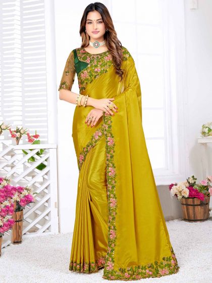 Green,Yellow Colour Silk Fabric Wedding Saree.