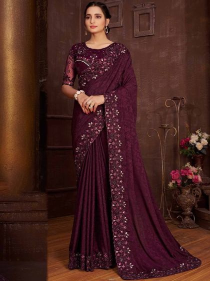 Wine Colour Jacquard Fabric Party Wear Saree.