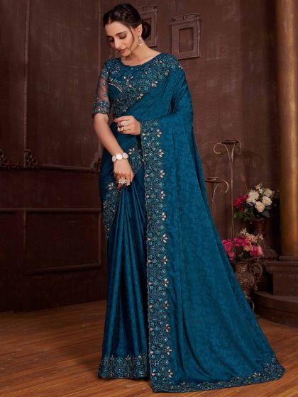 Teal Blue Jacquard Fabric Designer Saree.