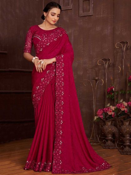 Rani Pink Colour Indian Wedding Saree in Jacquard Fabric.