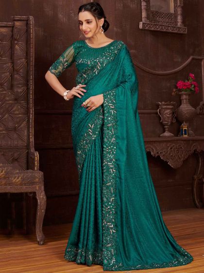 Rama Green Colour Satin,Jacquard Fabric Women Saree.