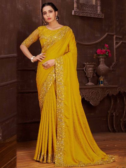 Mustard Yellow Colour Indian Designer Saree in Satin,Jacquard Fabric.