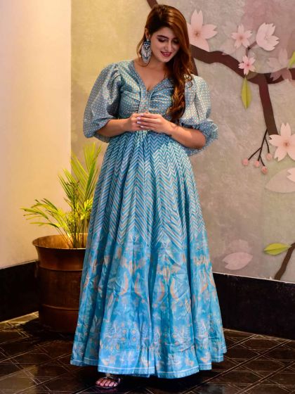 Sky Blue Colour Cotton Fabric Readymade Gown.
