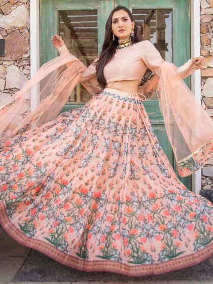 Peach Colour Digital Print Lehenga Choli.