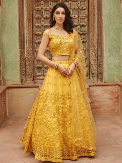 Yellow Colour Organza Fabric Designer Lehenga Choli.