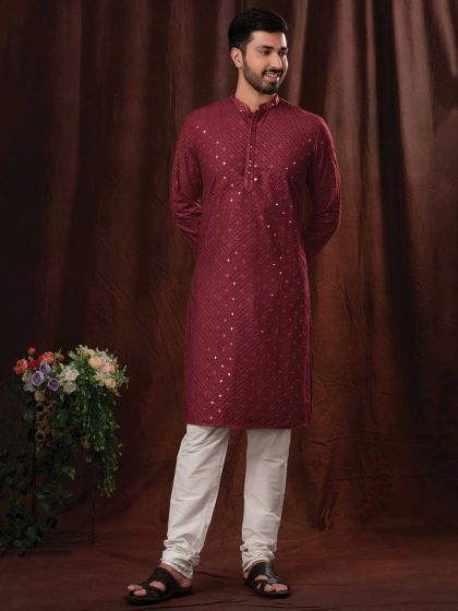 Wine Colour Cotton Fabric Designer Kurta Pajama.