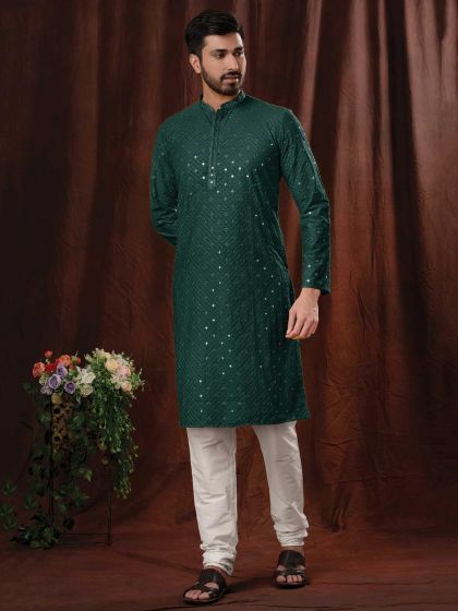 Green Colour Cotton Fabric Mens Designer Kurta Pajama.