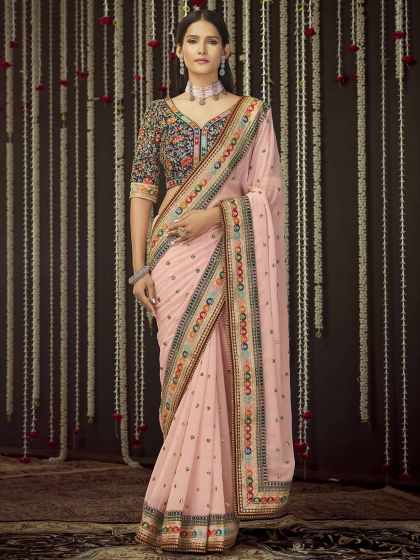 Baby Pink Colour Organza Fabric Women Saree.