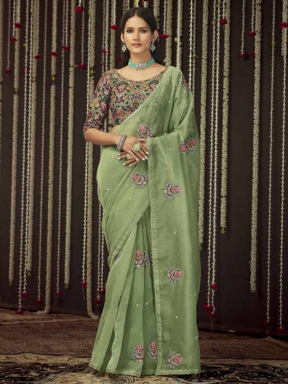 Olive Green Colour Organza Fabric Women Saree.