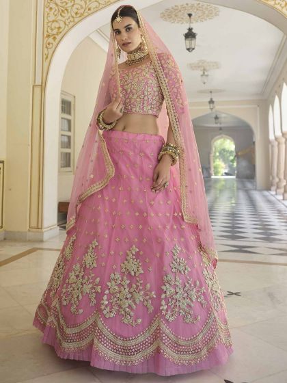 Pink Colour Net Fabric Bridesmaid Lehenga Choli.