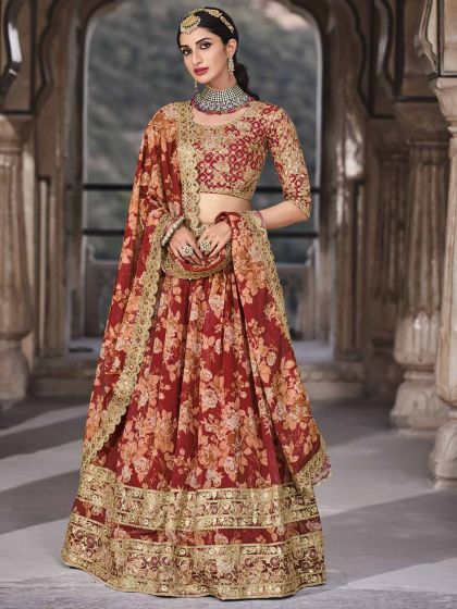 Red Colour Organza Fabric Bridesmaid Lehenga Choli.